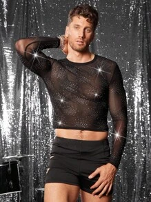 FeverCity Camiseta de manga larga con cuello redondo y detalles de diamantes de imitación en malla para hombres