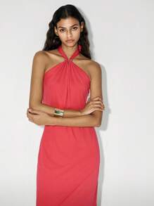 Lumivelle Women Halter Neck Strapless Dress With Pleated Details, Open Back And Slit
