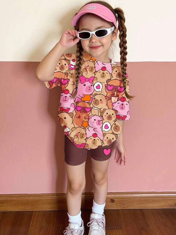 SHEIN Set de 2 piezas con top de manga corta y shorts casual simple, adecuado para el verano, para niñas jóvenes