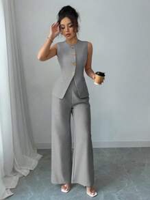 Elenzga Plus Size Casual Everyday Commute Sleeveless Top And Pants 2 Pieces Set