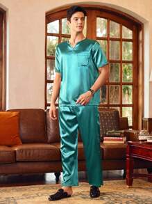 EverLounge Polyester Short Sleeve Long Pants Drawstring Casual Sleepwear Suit Set For Men - Green - View 3