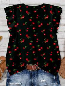 Plus Size Casual Cherry Print V-Neck Ruffle Sleeve Blouse Cherry Print Top Ruffle Sleeve Top V Neck Blouse Women's Summer Top Blouse For Women Casual - Multicolor - View 2