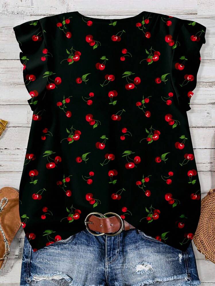 Plus Size Casual Cherry Print V-Neck Ruffle Sleeve Blouse - Multicolor - View 2