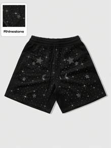 ROMWE MEN Street Life Pantalones cortos casuales para hombres con patrón de estrellas y lunas, adornados con strass, diseño elegante y callejero estadounidense, conjunto a juego para parejas