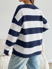 SHEIN Autumn And Winter Women's Maternity Casual Striped Knit Sweater, Minimalist And Fashionable For Daily Wear - Blue and White - View 2