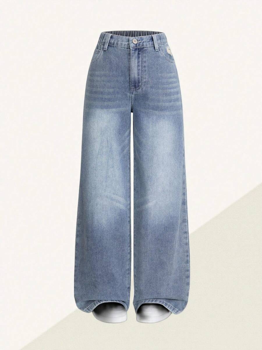 Sparklyn Teenage Girls' Retro Distressed Washed Wide Leg Jeans, Casual Fashion - Dark Wash - View 1