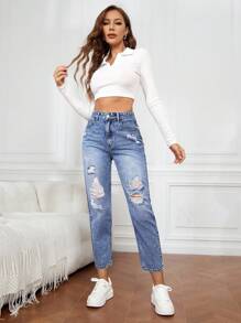 EMERY ROSE 破洞妈妈款牛仔裤 - 中等水洗藍 - 查看 3