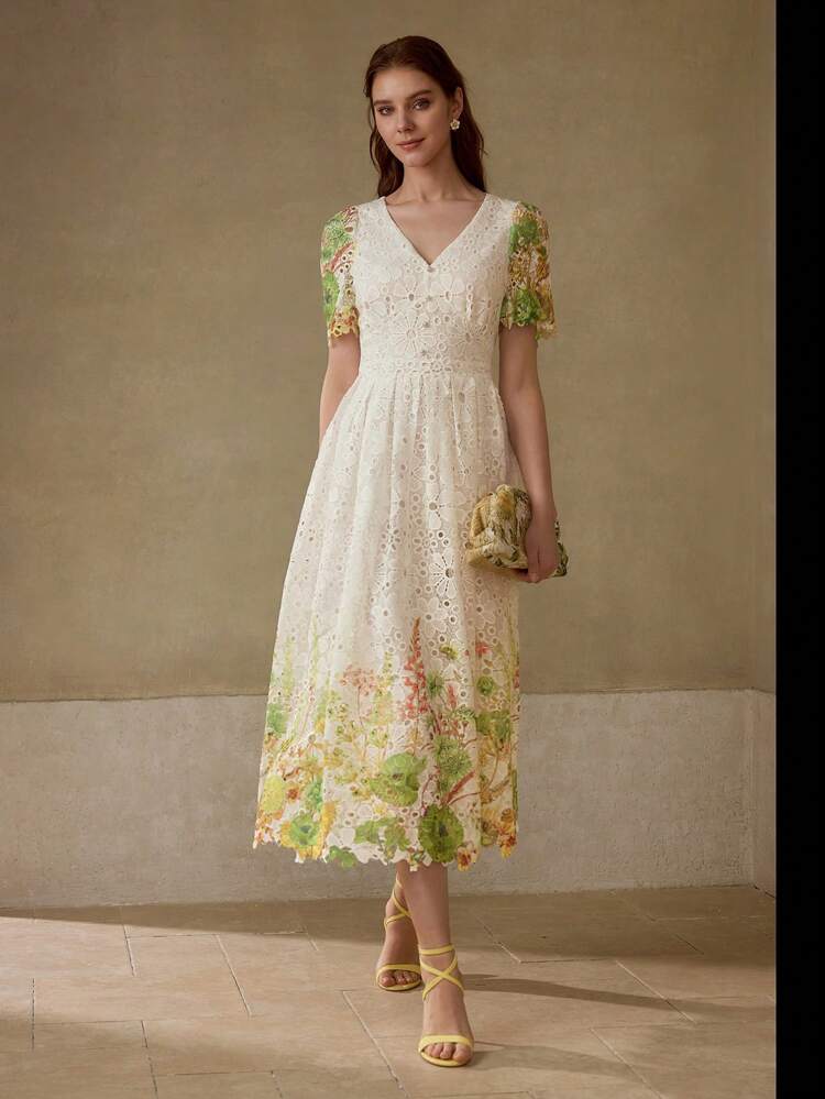 GUIPURE LACE PLANTS PRINT V-NECK PUFF SLEEVE FLARE HEM MIDI DRESS