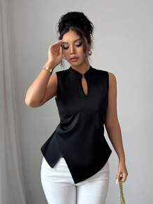 Franclia Women's Minimalist French Style Sleeveless Blouse With Metallic Accent, Waist Cinching, Pleat Detail, Black Satin Fabric, For Spring/Autumn - Black - View 6