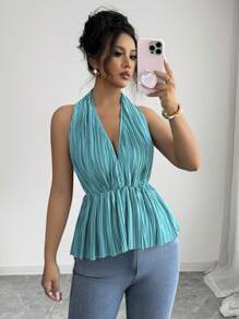 Rafferiza Neck Tie Gathered Waist Casual Commuter Blouse, Spring/Summer - Blue - View 1