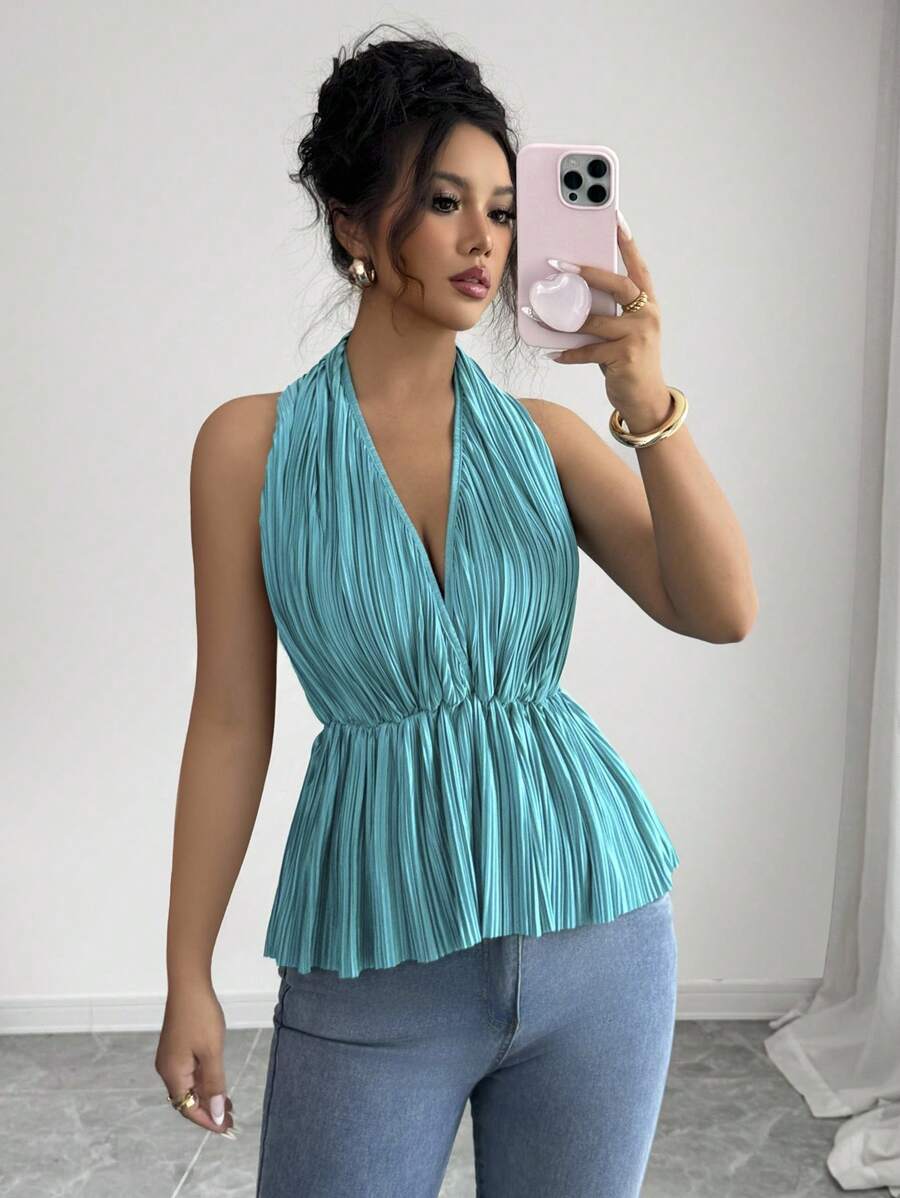 Rafferiza Neck Tie Gathered Waist Casual Commuter Blouse, Spring/Summer - Blue - View 1