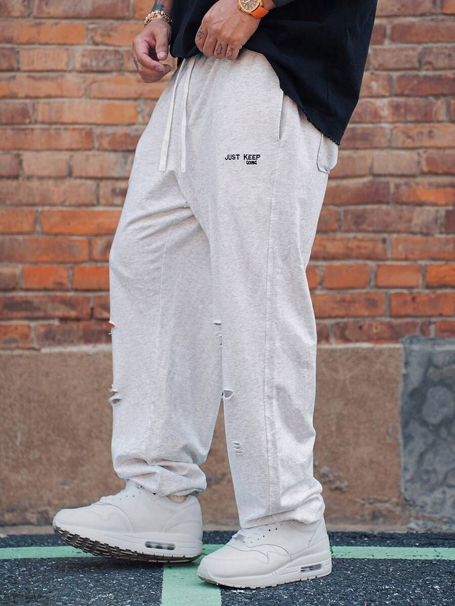 DAZY 男士春季破洞抽绳运动休闲篮球裤，宽松长裤男士慢跑裤 - 淺灰色 - 查看 1