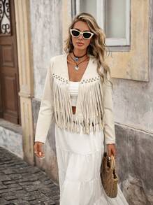 Brillora Women's Solid Color Fringe Trim Open Front Jacket In Fall/Winter