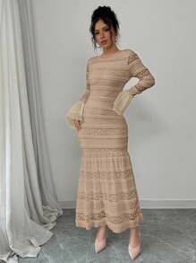 Rafferiza Women's Solid Color Mesh Patchwork Slim Fit Elegant Long Sleeve Dress Fall Cloth For Women - Khaki - View 5