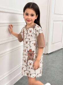 SHEIN Vestido casual de manga corta con cuello redondo, estampado de capibara, cómodo y suelto para niña joven - Caqui - Ver 6
