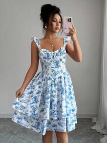 Elenzga Vestido mini elegante de cuello cuadrado sin tirantes, con estampado floral azul convertible - Azul y blanco - Ver 5