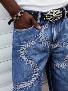 ROMWE MEN Goth Pantalones cortos vaqueros de verano casuales y sueltos para hombres con diseño bordado, sin cinturón incluido