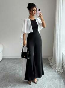 Selianne Women's Colorblock Flounce Wide Leg Elegant Jumpsuit - Black and White - View 6