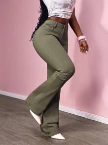 SHEIN SXY Quần Jeans Ống Loe Ôm Sát Có Túi Màu Trơn Thường Ngày - xanh quân đội - Xem 2