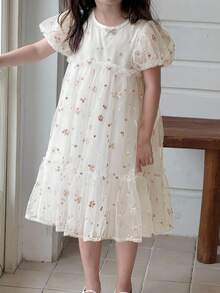 DAZY 少女夏季宴会生日派对中长款重磅蕾丝薄纱连衣裙 - 白色 - 查看 1