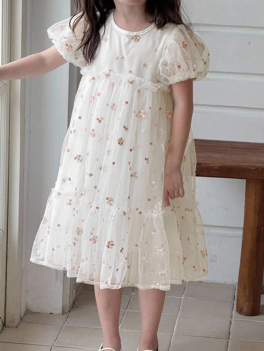 DAZY 少女夏季宴会生日派对中长款重磅蕾丝薄纱连衣裙 - 白色 - 查看 1