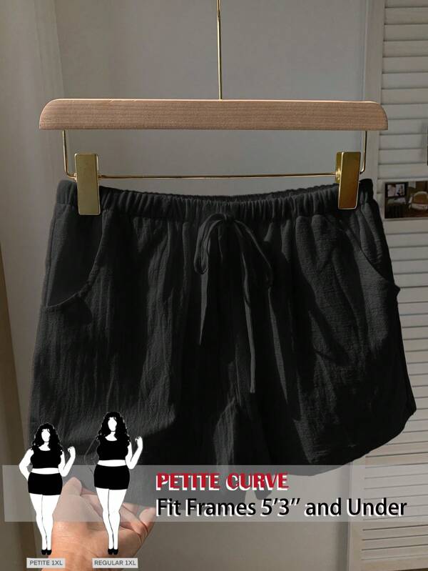 SHEIN PETITE CURVE Petite Women Solid Color Waist Tie Pocket Relaxed Casual Shorts Plus Size Summer Clothes For People Of Shorter Stature