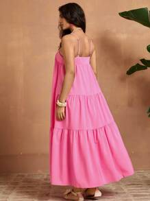 SHEIN VCAY Plus Size Women Holiday Solid Color Ruffle Hem Spaghetti Strap Dress - Hot Pink - View 2