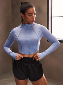 Powerista Women's Plain Raglan Sleeve Hooded Zip Front Athletic Jacket, Fitted - Dusty Blue - View 7