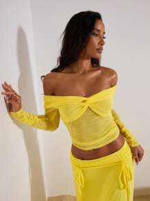 Opulessa 1 件夏季海滩生日派对女士纯色针织网眼修身露肩长袖短款上衣，秋季，秋季，Y2k 街头服饰，乡村音乐会，办公室，夜间外出，约会之夜，机场 - 黃色 - 查看 6