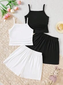 SHEIN Dozemod 4pcs Tween Girls Simple Solid Ruched Spaghetti Strap Tank Top & Shorts Knit Pajama Set, Summer Casual - Black and White - View 2