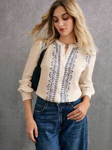 Poéselle 女士优雅花卉印花泡泡袖单排扣衬衫，波西米亚风复古印花，长袖衬衫，波西米亚风格女式衬衫，长袖衬衫 - 杏色 - 查看 5