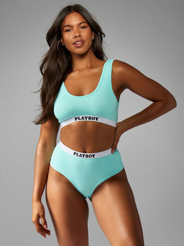 Missguided x Playboy Women Signature High Waisted Crop Top And Panty Set Modern Bralette Comfort Loungewear