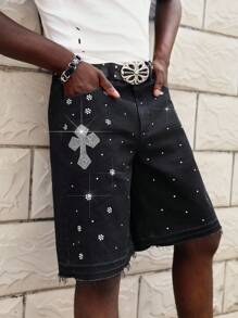 ROMWE MEN Street Life Men's Cross Rhinestone Embellished Denim Shorts, Suitable For Spring/Summer Everyday Wear - Black - View 3