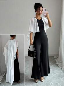 Selianne Women's Colorblock Flounce Wide Leg Elegant Jumpsuit - Black and White - View 3