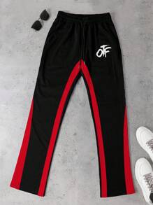 Manfinity Dauomo Men's Casual Contrast Color Patchwork Letter Print Drawstring Waist Sweatpants, For Rave, Emo - Black - View 3