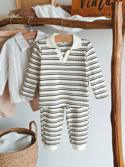 Vintaside Kids Ensemble pour bébé garçon avec t-shirt à manches longues versatile à rayures et pantalon décontracté assorti à rayures, adapté aux activités extérieures d'automne, aux vacances ou aux loisirs