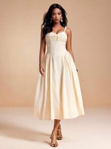 VALERIA GALIPOLI Seersucker Fabric Beaded Strpas Ruching Puss Madi Dress Women Summer Party Elegant Going Out Cream Dresses For Women Midi Dress Tea Length Dress Corset Dress Ankle Length Dress - Yellow - View 5
