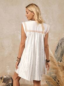 SHEIN LUNE Women's White And Gold V-Neck Lace-Up Tassel Embroidery Splice Stripe Foil Loose Fit Casual Boho Vacation Holiday Summer Everyday Chic Mini Dress - White - View 3