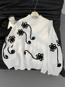 Firerie Plus Size Women Floral Embroidered Drawstring Neck Casual Long Sleeve Sweater Fall/Winter - White - View 12