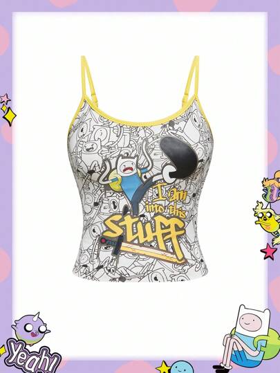 Adventure Time X ROMWE Women Cartoon And Letter Graphic Ringer Cropped Cami Top