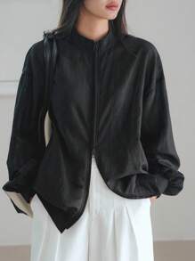 Dazy-Less Chaqueta de gasa de unicolor holgada de mujer para primavera/verano, cárdigan ligero para uso en la oficina, ropa de otoño