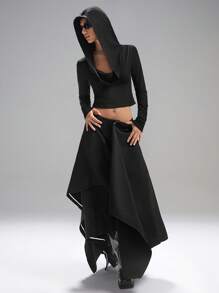 LYSMO Fashionable Solid Color Draped Neck Cropped Hoodie - Black - View 3