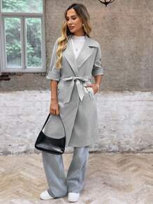 EMERY ROSE 女士休闲通勤纯色风衣 - 淺灰色 - 查看 7
