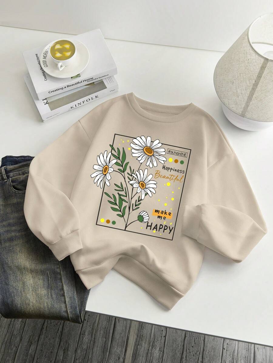 INAWLY 花卉和口号图案保暖内衬运动衫 阳光 幸福 美丽 让我快乐 - 米色 - 查看 1