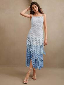 Anewsta Váy suông cạp cao thêu tua rua tròn, có lớp vải rủ mềm mại, trang phục mùa hè cho phụ nữ dự tiệc - Màu xanh lam - Xem 6