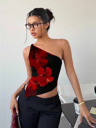 Siren Gaze Casual Elegant Sexy Red-Black Contrast Floral Print Asymmetric Hem Twist Front Blouse, Suitable For Summer, Party, Vacation One Shoulder Top Flower Tube Top Suitable For Going Out Casual