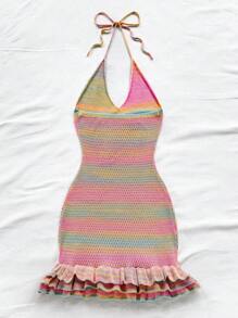 Soleia New Fashion Gradient Color Halter Neck Ruffled Mini Knit Dress For Vacation - Multicolor - View 2