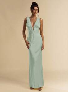 SHEIN BAE 春夏纯黄色V领系带腰蕾丝拼接拼接无袖缎面长裙，优雅性感，适合情人节、派对、音乐节、伴娘、舞会礼服、度假，黄色连衣裙 - 薄荷綠 - 查看 4