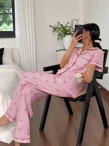 Dream Adore Floral Print Lapel Short Sleeve Pajama Set - Pink - View 6