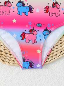 Young Girl Cute Unicorn Gradient One-Piece Swimsuit, Casual Holiday Knitted One-Piece Swimsuit, Suitable For Vacation, Suitable For Summer - Red - View 3